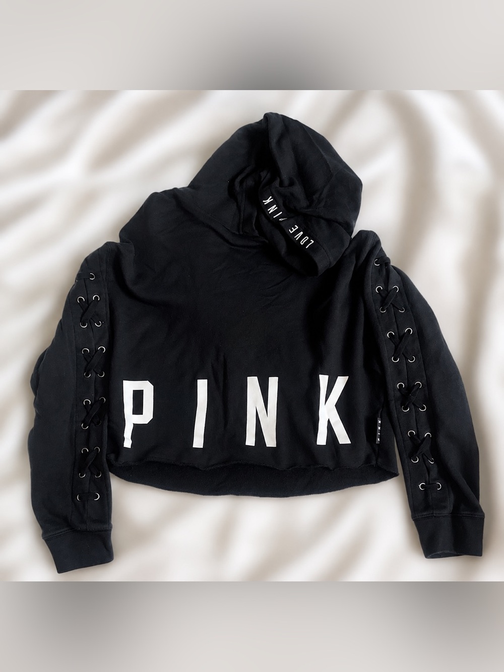 PINK Victoria's Secret Black Cropped Lace-Up Sleeve Hoodie